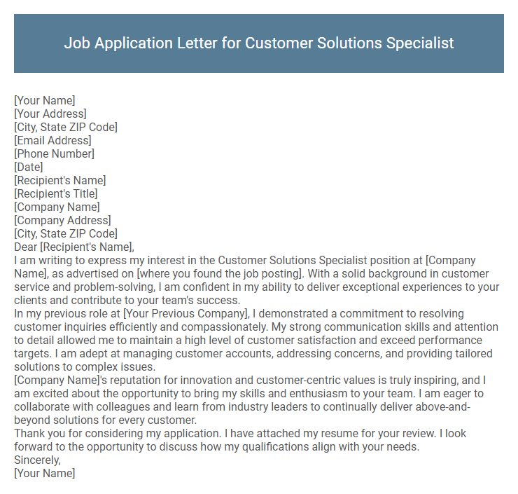Job Application Letter for Customer Solutions Specialist