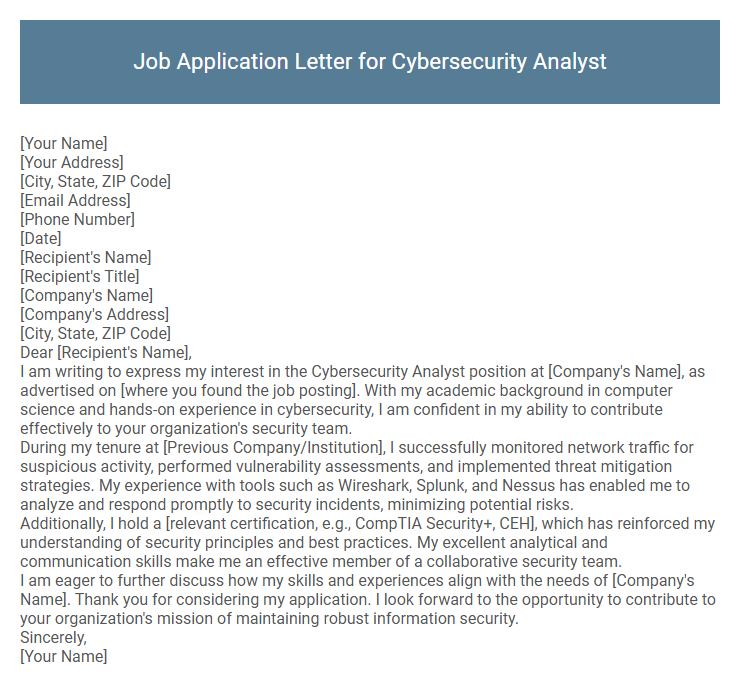Job Application Letter for Cybersecurity Analyst