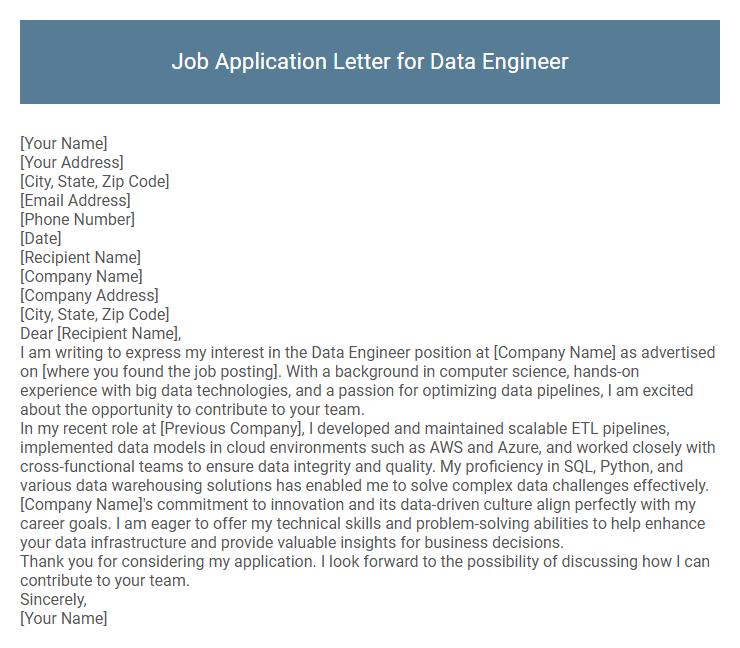Job Application Letter for Data Engineer