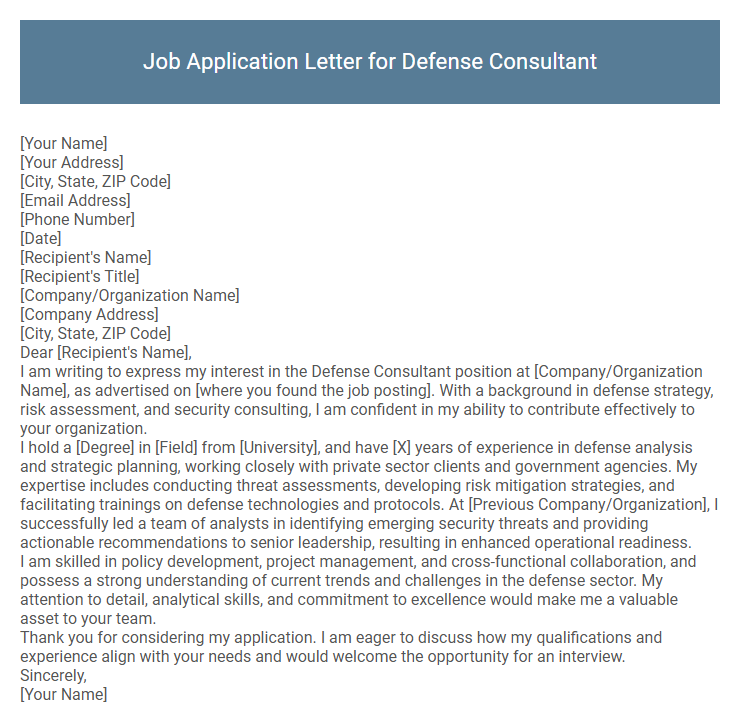 Job Application Letter for Defense Consultant