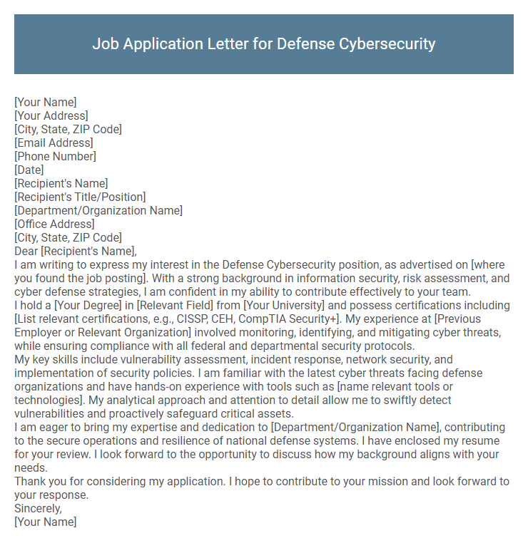 Job Application Letter for Defense Cybersecurity
