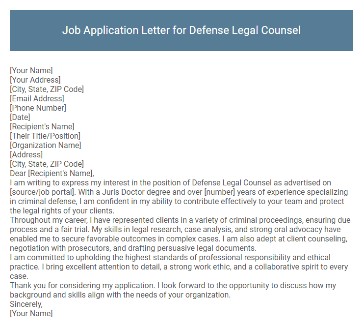 Job Application Letter for Defense Legal Counsel