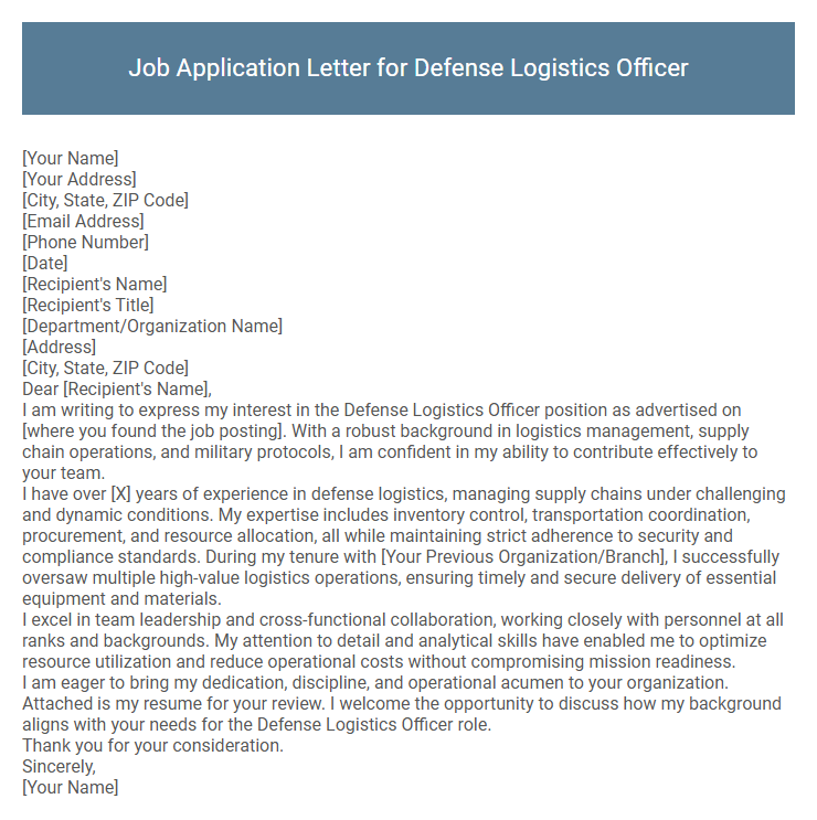 Job Application Letter for Defense Logistics Officer
