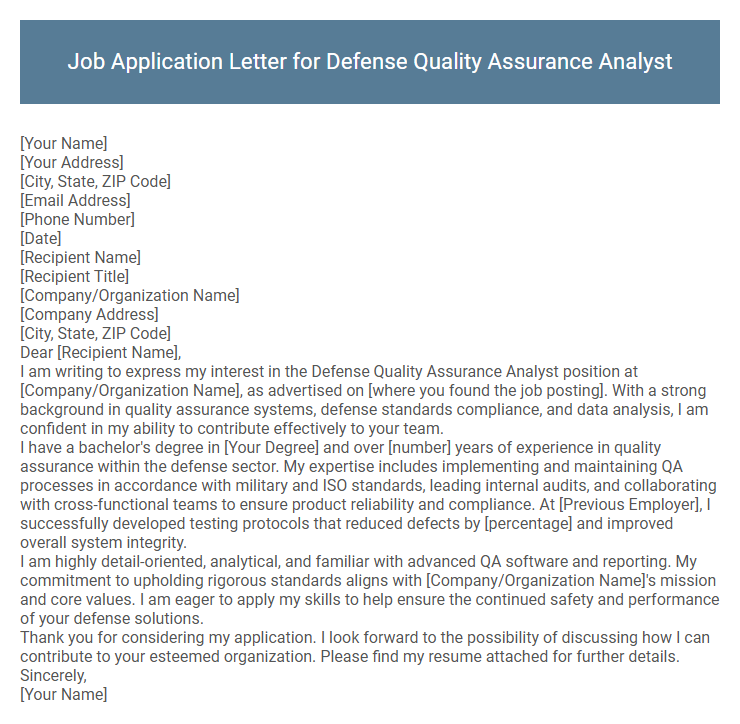 Job Application Letter for Defense Quality Assurance Analyst