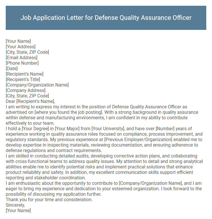 Job Application Letter for Defense Quality Assurance Officer