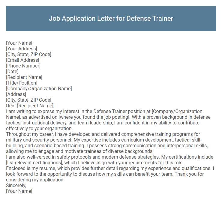 Job Application Letter for Defense Trainer
