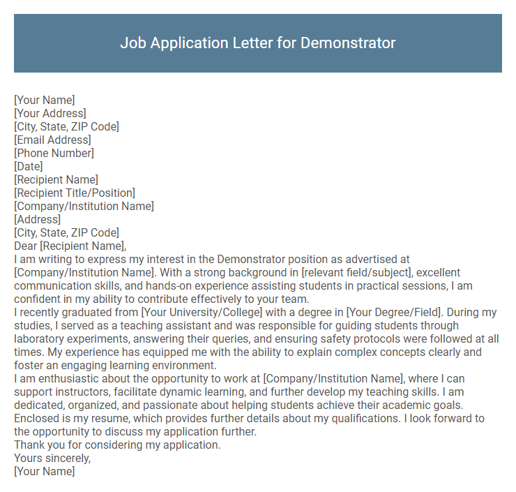 Job Application Letter for Demonstrator