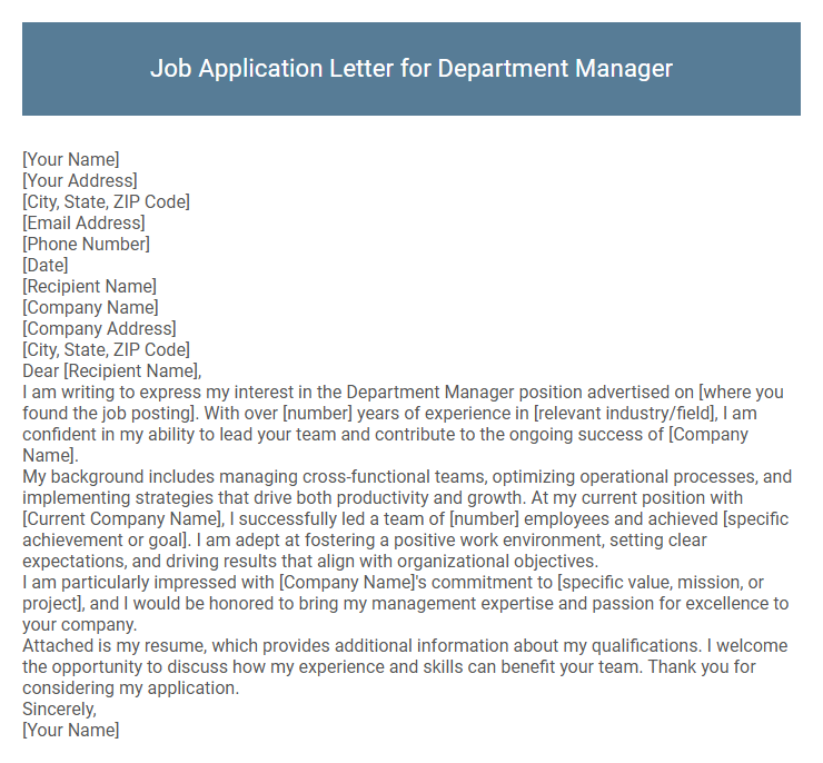 Job Application Letter for Department Manager