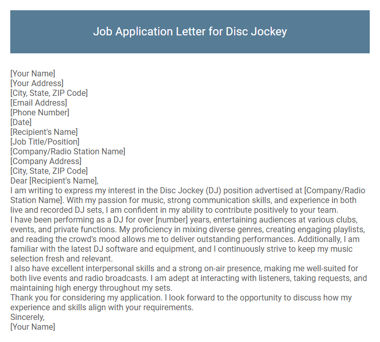 Job Application Letter for Disc Jockey