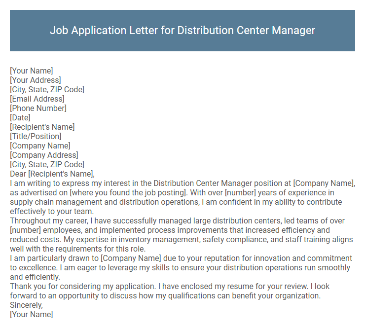 Job Application Letter for Distribution Center Manager