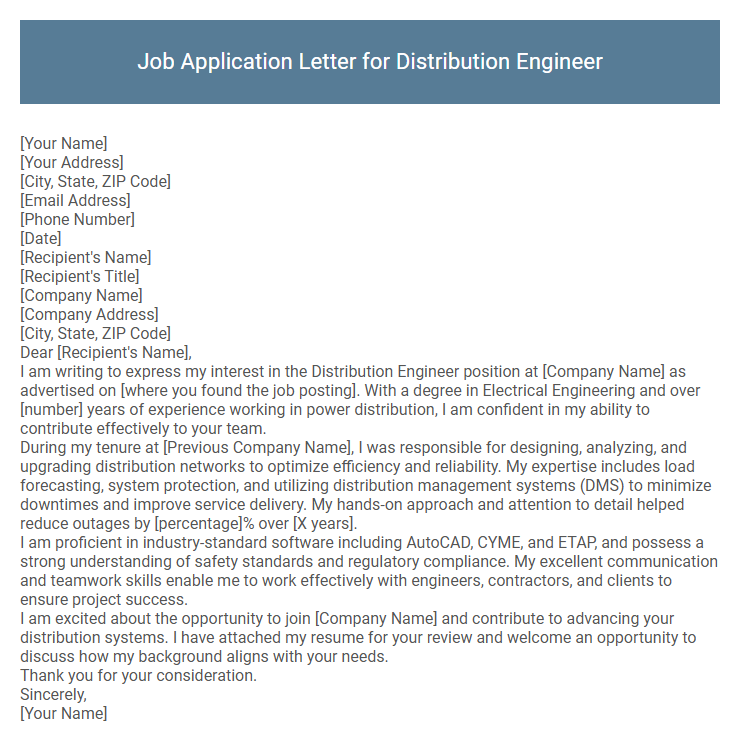 Job Application Letter for Distribution Engineer