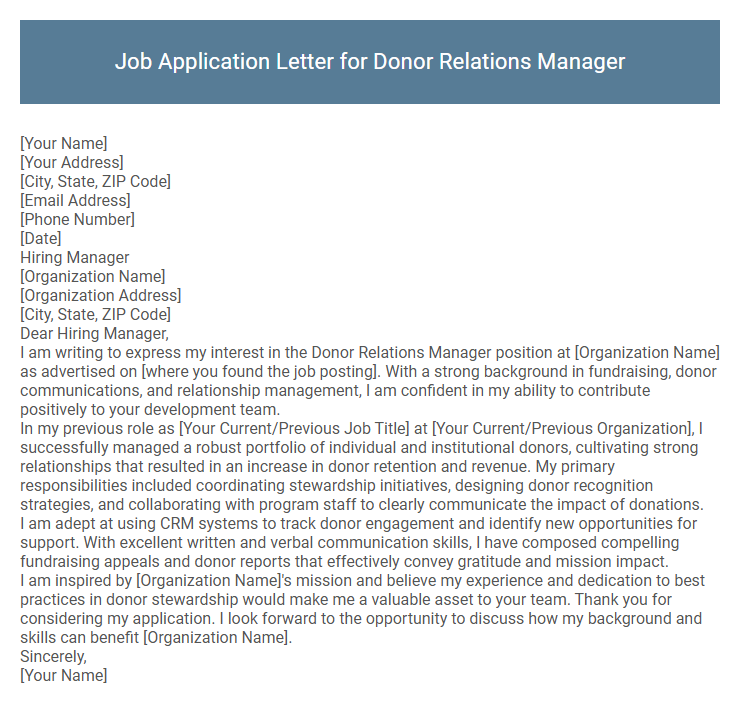 Job Application Letter for Donor Relations Manager