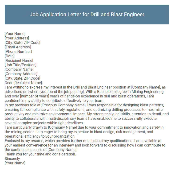 Job Application Letter for Drill and Blast Engineer