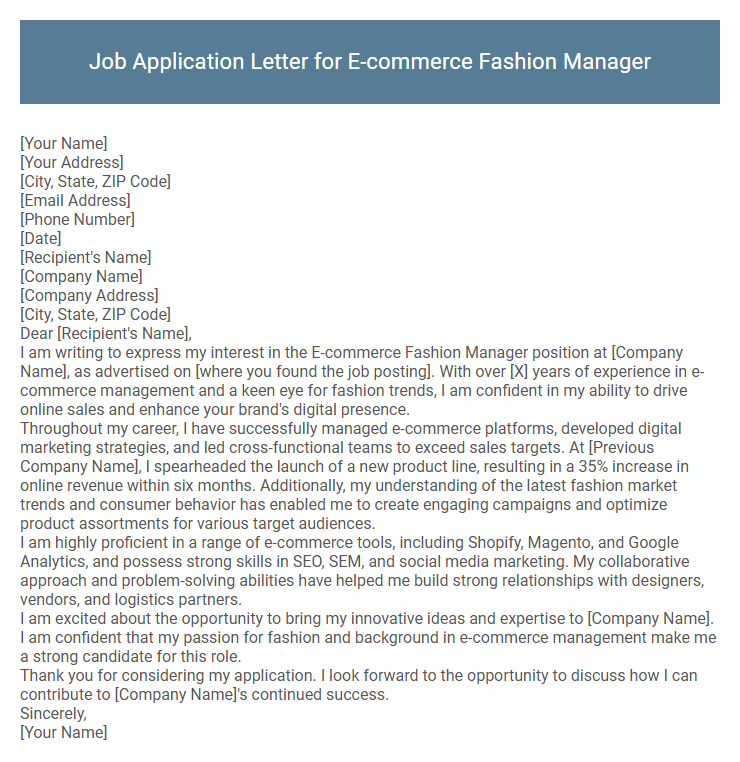 Job Application Letter for E-commerce Fashion Manager