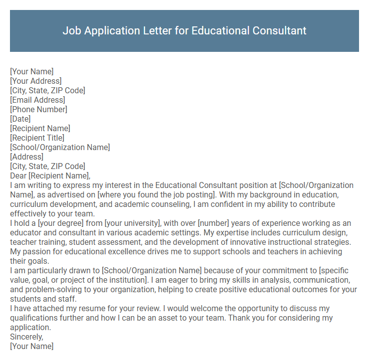 Job Application Letter for Educational Consultant