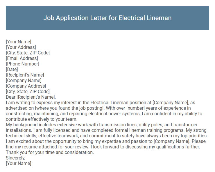 Job Application Letter for Electrical Lineman