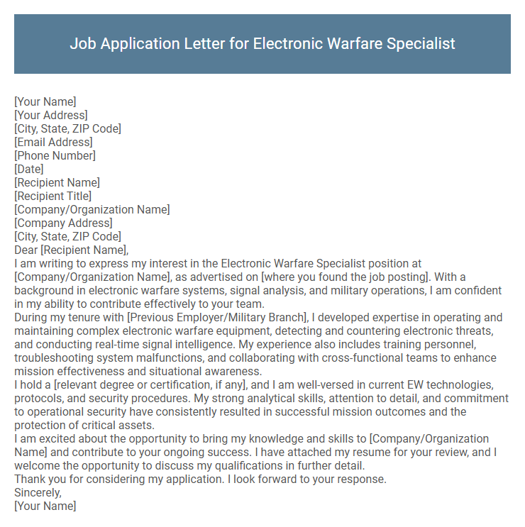 Job Application Letter for Electronic Warfare Specialist