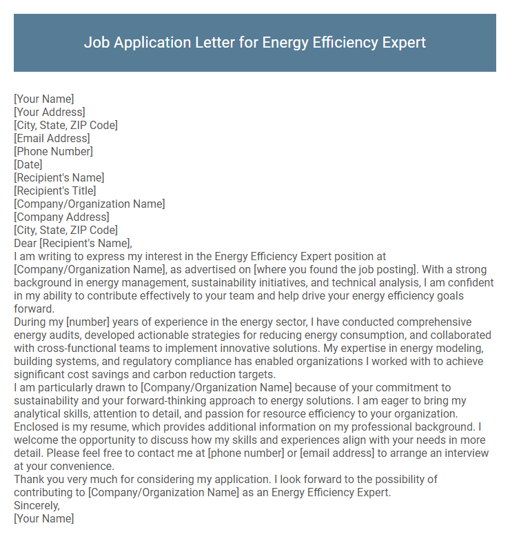 Job Application Letter for Energy Efficiency Expert