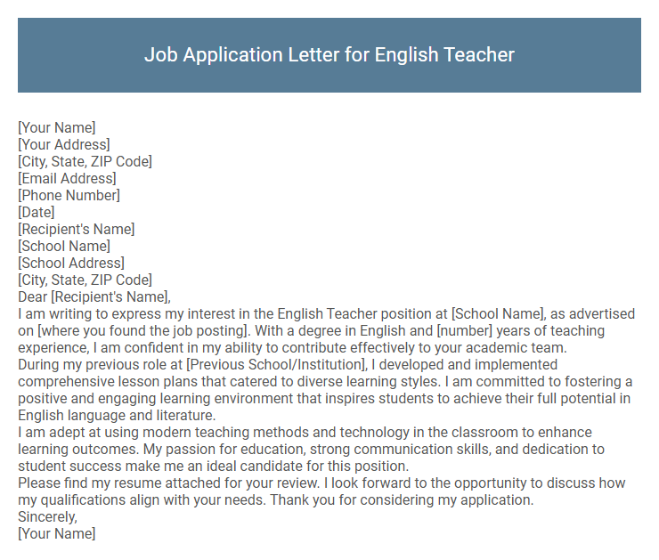 Job Application Letter for English Teacher