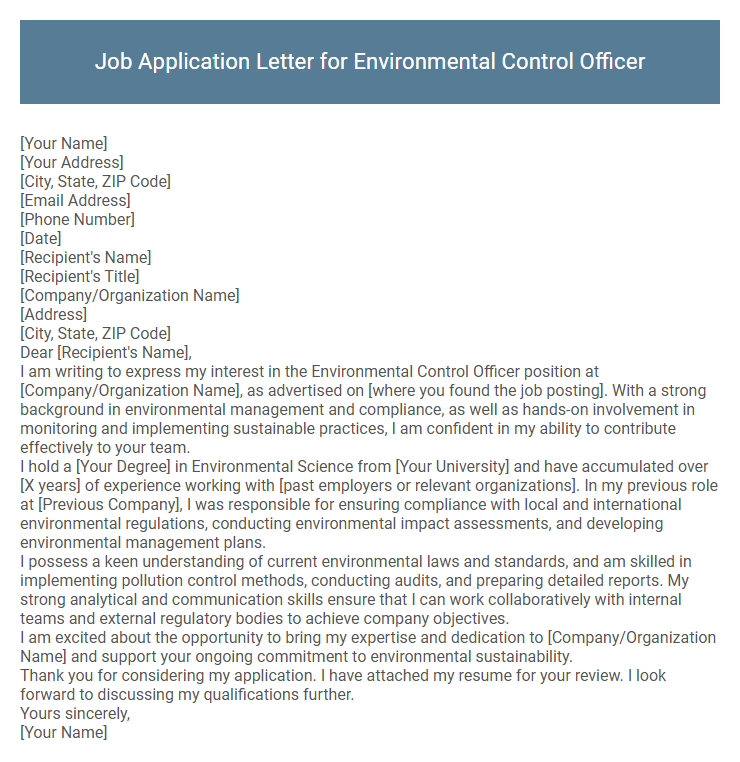 Job Application Letter for Environmental Control Officer