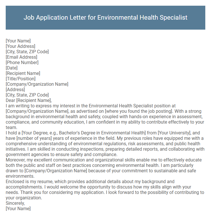 Job Application Letter for Environmental Health Specialist