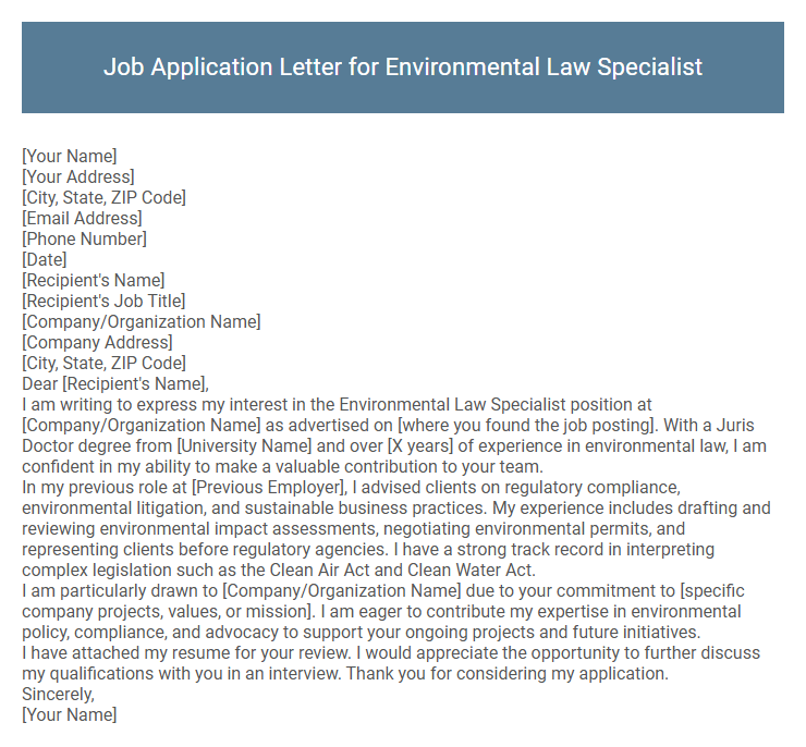 Job Application Letter for Environmental Law Specialist