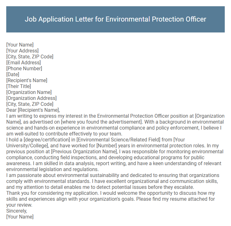 Job Application Letter for Environmental Protection Officer