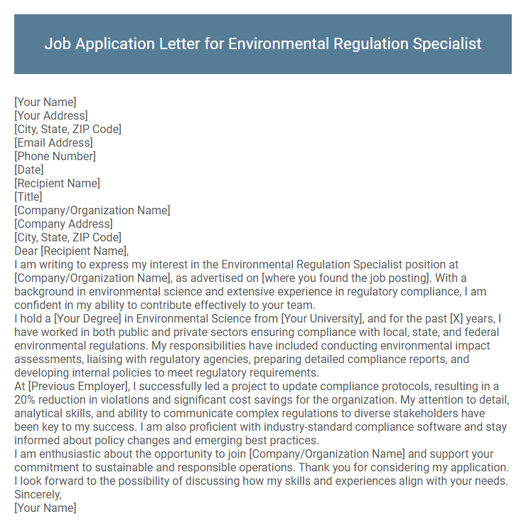 Job Application Letter for Environmental Regulation Specialist