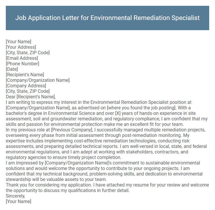 Job Application Letter for Environmental Remediation Specialist