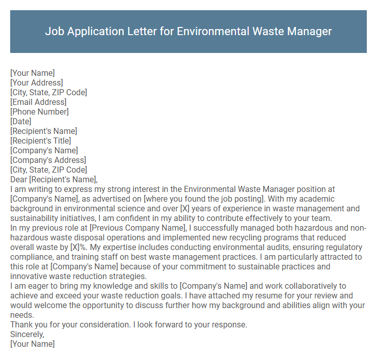 Job Application Letter for Environmental Waste Manager