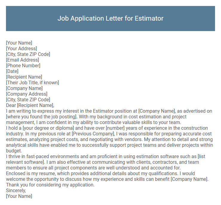Job Application Letter for Estimator