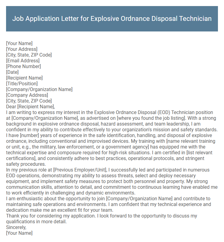 Job Application Letter for Explosive Ordnance Disposal Technician