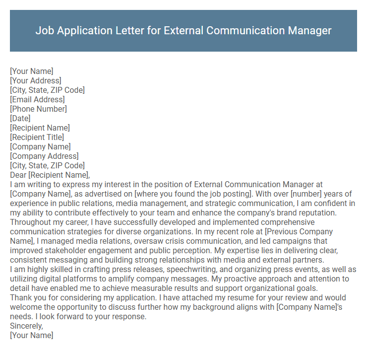 Job Application Letter for External Communication Manager