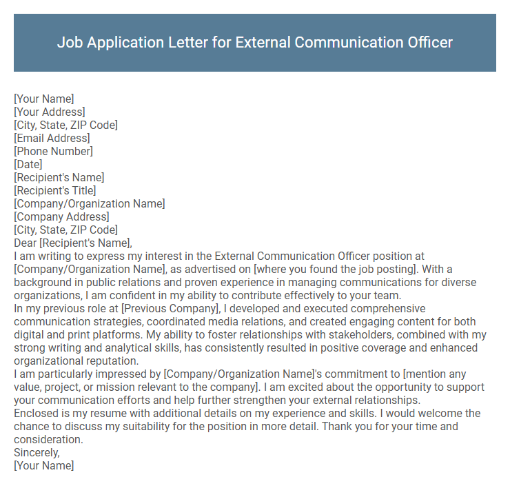 Job Application Letter for External Communication Officer