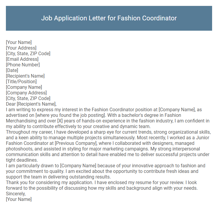 Job Application Letter for Fashion Coordinator