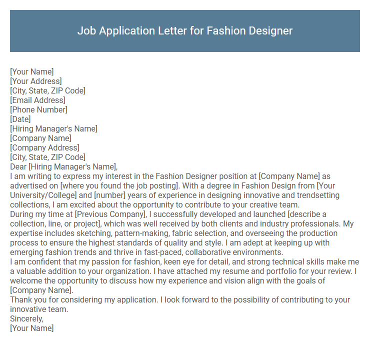 Job Application Letter for Fashion Designer