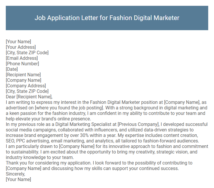Job Application Letter for Fashion Digital Marketer