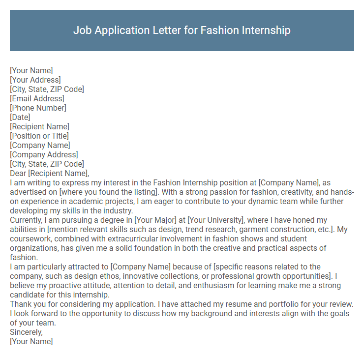 Job Application Letter for Fashion Internship