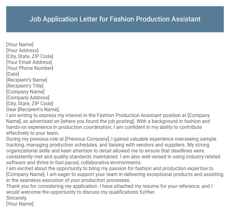 Job Application Letter for Fashion Production Assistant