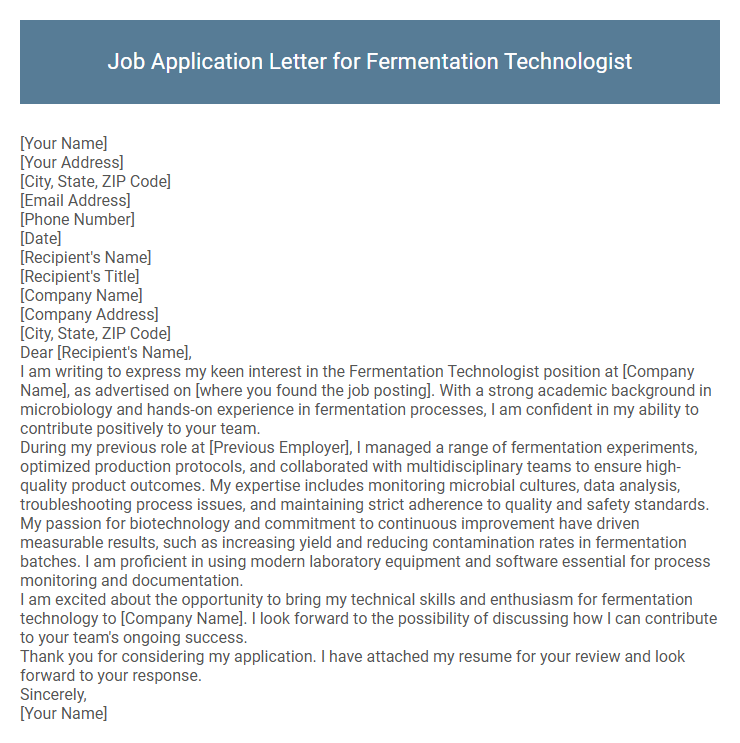 Job Application Letter for Fermentation Technologist