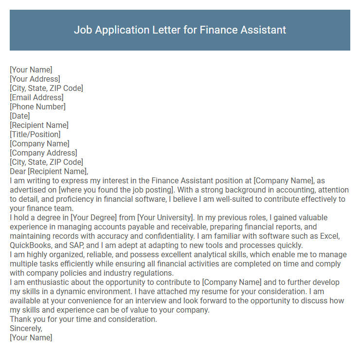 Job Application Letter for Finance Assistant