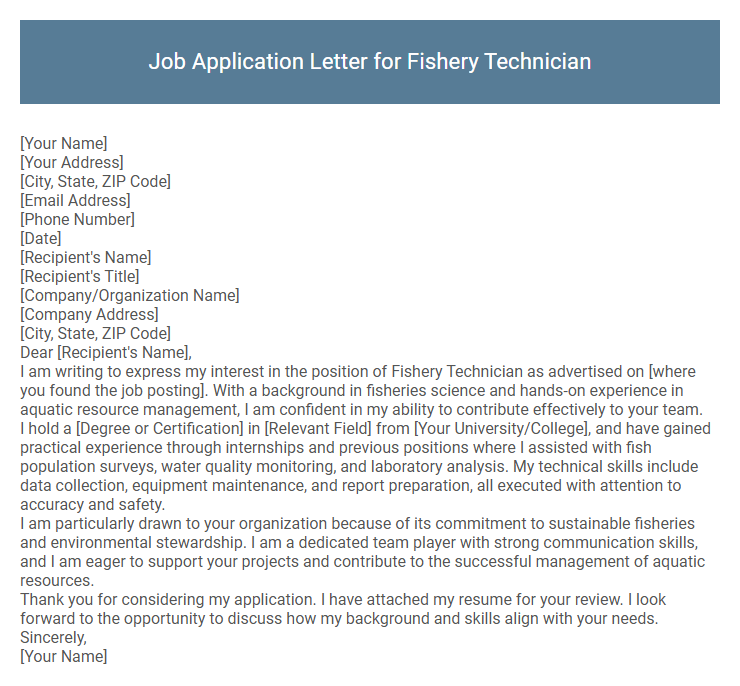 Job Application Letter for Fishery Technician