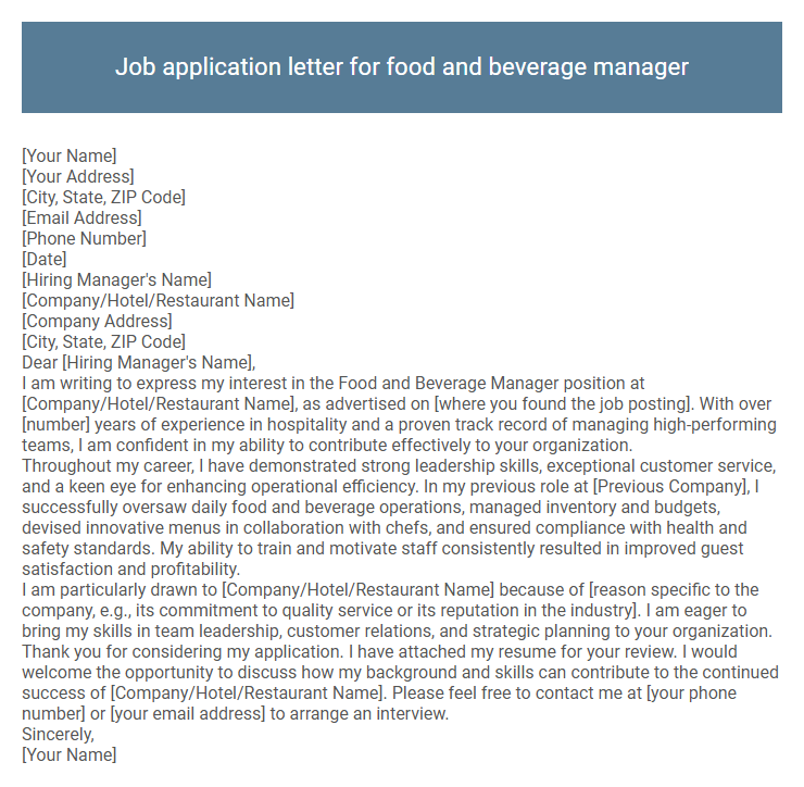 Job application letter for food and beverage manager
