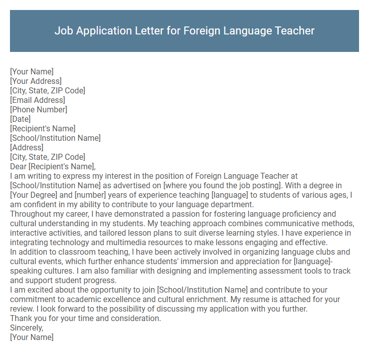 Job Application Letter for Foreign Language Teacher