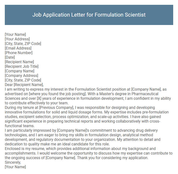 Job Application Letter for Formulation Scientist