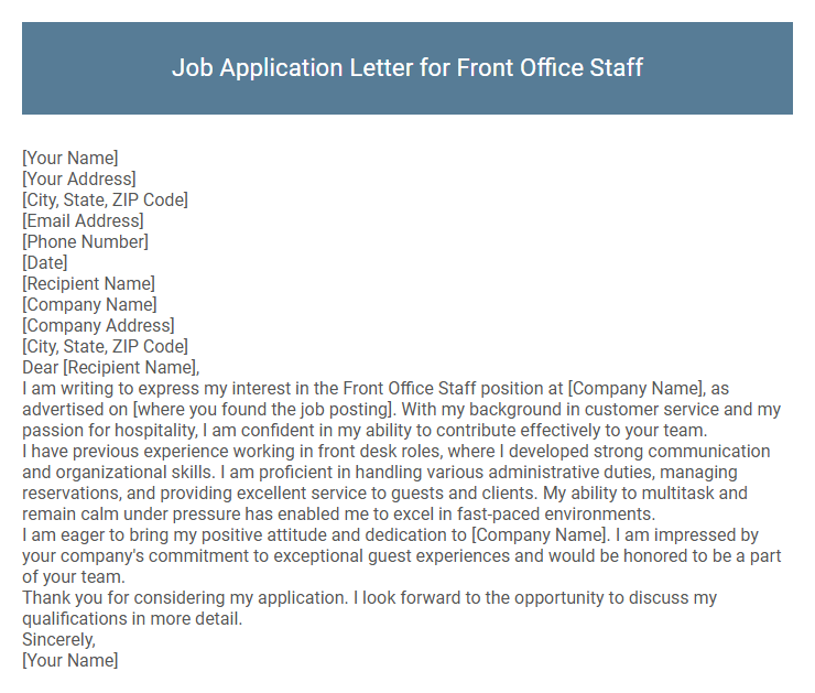 Job Application Letter for Front Office Staff