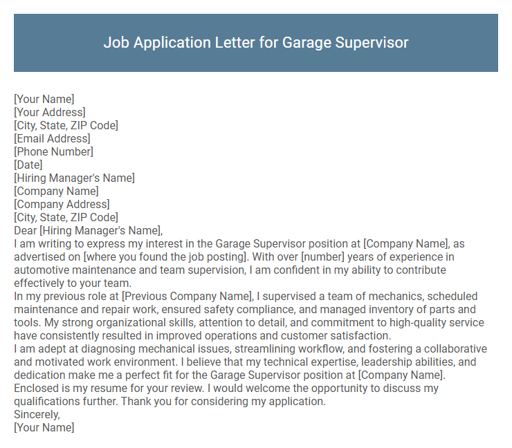 Job Application Letter for Garage Supervisor