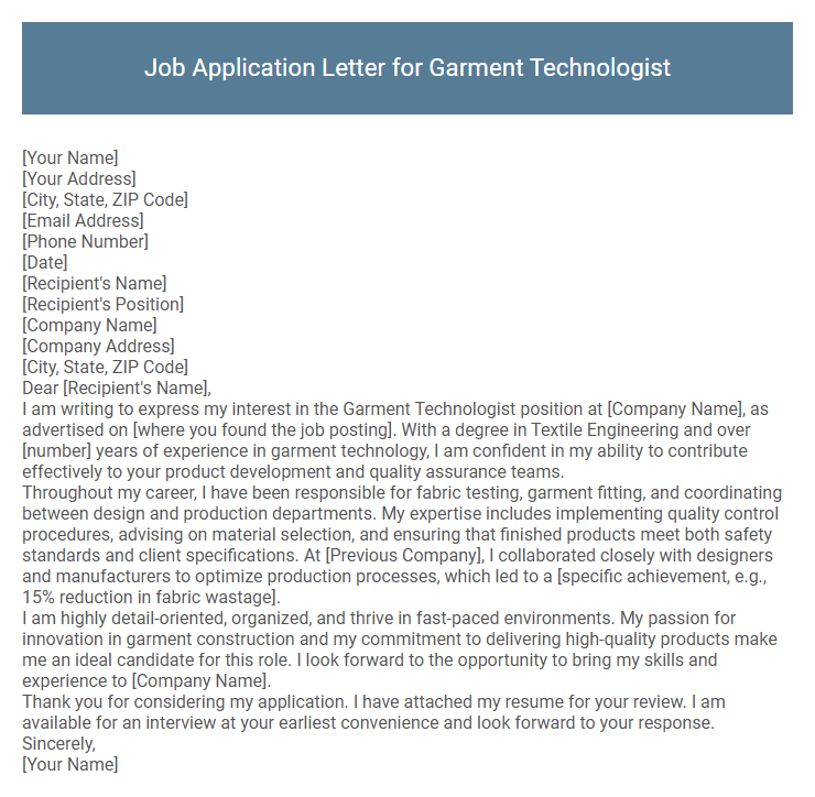Job Application Letter for Garment Technologist