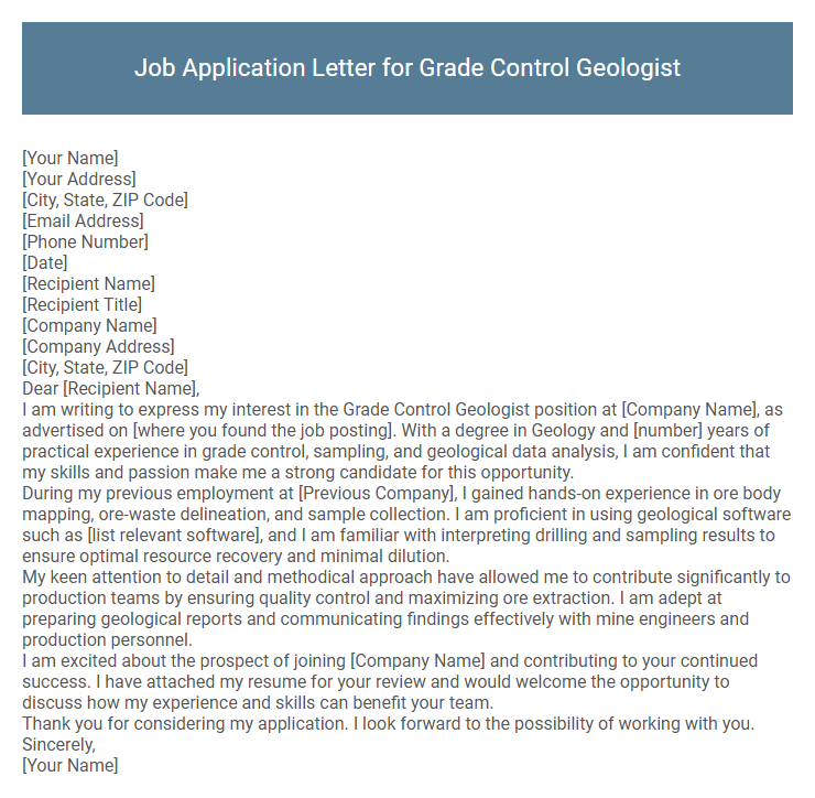 Job Application Letter for Grade Control Geologist
