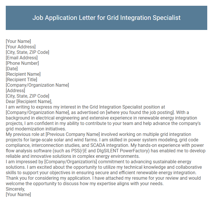 Job Application Letter for Grid Integration Specialist